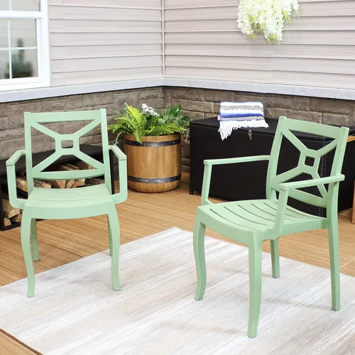 Vista 2 de Sunnydaze Tristana - Silla de plástico para patio al aire libre, juego de 2, asientos apilables, color verde