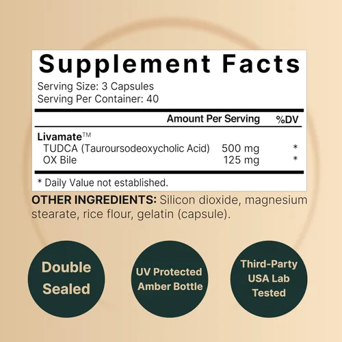 Vista 2 de TUDCA 500mg con bilis de buey 125mg por porción, 120 cápsulas – Soporte de sales biliares, fórmula de Livamate de alta absorción Suplemento