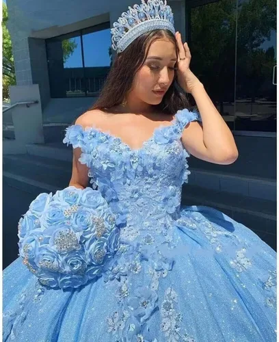 Vista 15 de Ftupza Preciosos vestidos de quinceañera florales 3D vestidos de tul hinchados para mujeres fuera del hombro vestido de fiesta largo FFtu09