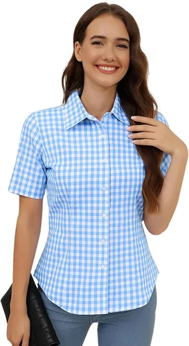 Vista 9 de SUNNOW Camisas de manga corta con botones para mujer, básicas, simples, elásticas, sin arrugas, blusas formales de trabajo