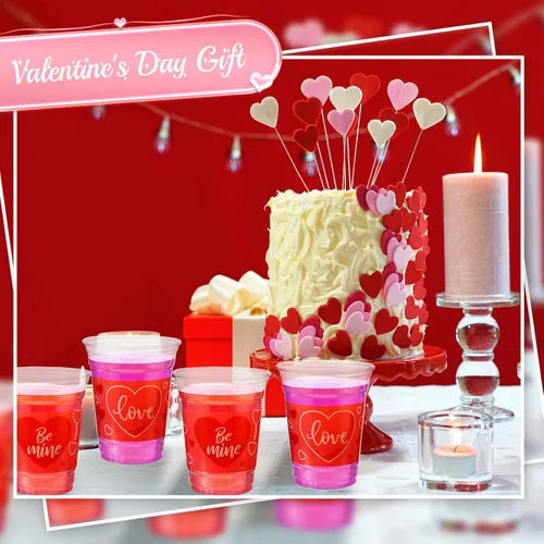 Vista 5 de Meanplan 100 vasos de plástico de San Valentín de 12 onzas a granel, vasos de San Valentín a granel, vasos de corazón rosa, suministros de fiesta