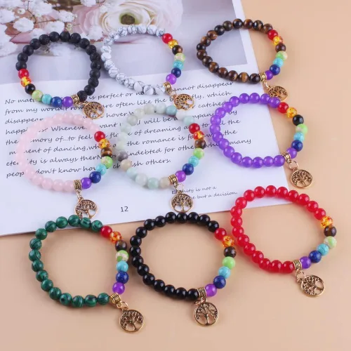 Vista 7 de 9 pulseras de cuentas semipreciosas del árbol de la vida, 7 chakras, reiki, piedras curativas, pulseras de yoga y meditación para mujeres, joyería