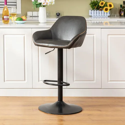Vista 15 de Glitzhome Taburete de bar giratorio, taburetes de bar ajustables con soporte trasero y reposapiés, silla de bar tapizada de piel sintética