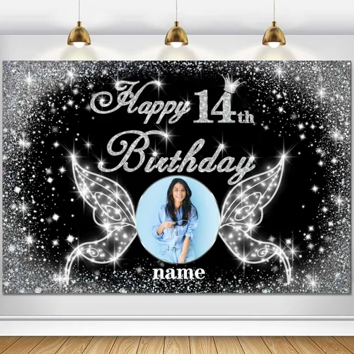 Vista 88 de Cartel personalizado de decoración de fiesta de cumpleaños número 100 - tema de alas de ángel - negro y plateado HY-NLK-100º