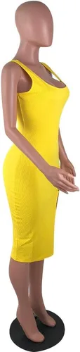 Vista 4 de Salimdy - Vestido de longitud media con corte tubo, sexy y liso, con tirantes delgados, acanalado, con botones, abertura lateral, entallado