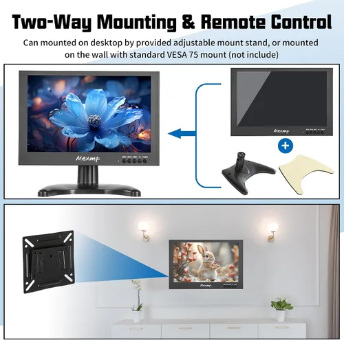 Vista 4 de 10.1" Mini HDMI Monitor 1920x1200 16:10 IPS Metal Housing LCD Display Support HDMI/VGA/AV/BNC Input with Remote Control Built-in Speaker for PC