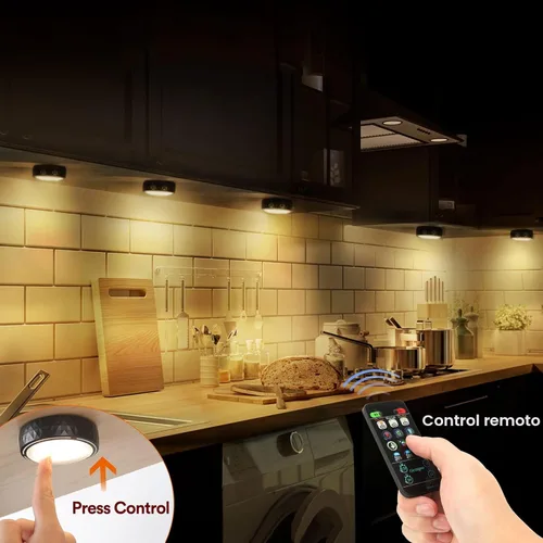 Vista 2 de Luces LED de disco con control remoto, luces inalámbricas de armario que funcionan con pilas, luces debajo del gabinete, luces de empuje, luces que