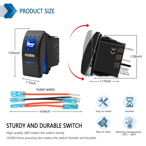 Vista 2 de Interruptor basculante conmutable impermeable con botón de bocina momentánea - Encendido/Apagado Luz LED Azul - 12V 20Amp 24V 10Amp, 5 Pines Para