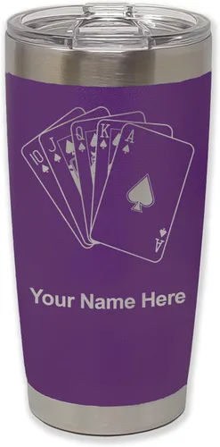 Vista 15 de LaserGram Vaso aislado al vacío de 20 onzas, tarjetas de póquer Royal Flush con grabado personalizado incluido (negro)