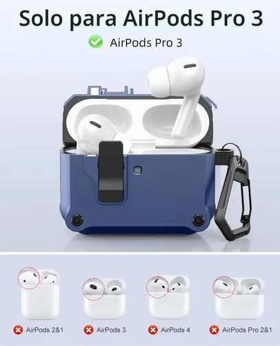 Vista 2 de TiMOVO Funda rígida para Airpods Pro 3 (2025) con clip de bloqueo seguro azul+negro