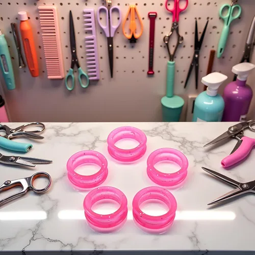 Vista 3 de 5 piezas de tijeras de silicona rosa anillos de dedo apretones de aseo cizalla pulgar insertos anillo protector de dedo para tijeras de corte