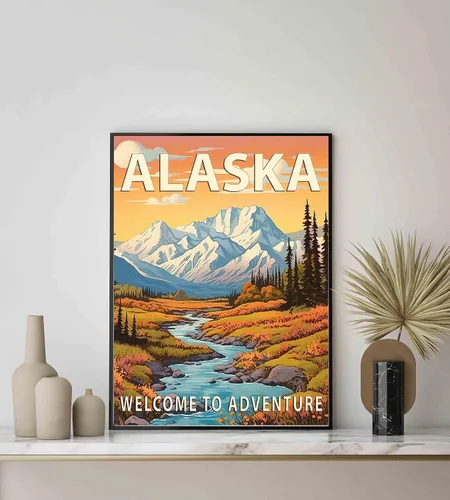 Vista 6 de Póster artístico de Alaska, decoración artística de paisaje retro de Estados Unidos, pintura de montaña y paisaje de aventura para dormitorio, sala