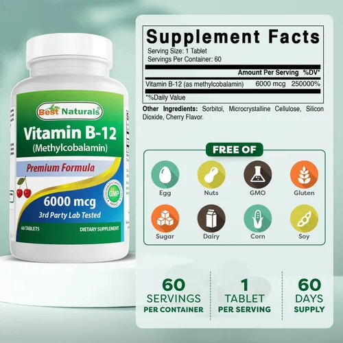 Vista 2 de Best Naturals Vitamina B-12 como metilcobalamina (metil B12), 6000 mcg comprimido, 60