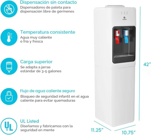 Vista 4 de Avalon despachador/refrigerador de agua con carga superior – Agua fría y caliente, con seguridad para niños, diseño innovador. Capacidad