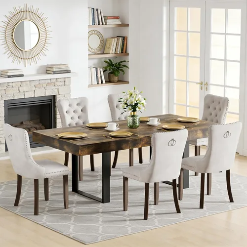 Vista 41 de Juego de mesa de comedor extensible de 5 piezas para 4, mesa de cocina de madera marrón de 63-78.7 pulgadas con 4 sillas acolchadas beige, juego