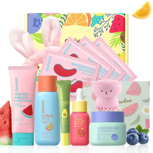 Vista 10 de QUIYUM Juego de Cuidado de la Piel de Frutas, 5 Productos de Rutina Diaria de Belleza y Cuidado de la Piel para Adolescentes - Juegos de Regalo