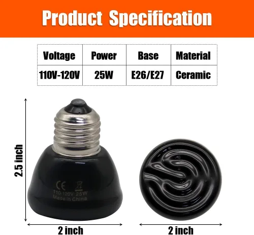 Vista 6 de Mini lámpara de calor para reptiles, emisor de calor infrarrojo de cerámica (paquete de 4) base E26/E27, AC110V, para mascotas, anfibios