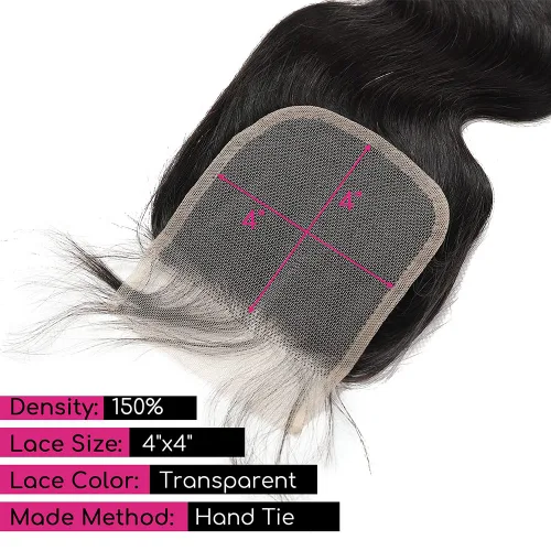Vista 4 de Cabello humano ondulado con cierre de encaje HD de 10 pulgadas, 100% cabello humano virgen brasileño, ondulado, cierre de encaje transparente 4x4