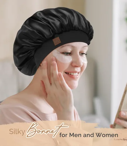 Vista 5 de Hat Hut Gorro de satén de seda para dormir para mujer, gorro de pelo para cabello rizado, banda ancha ajustable, doble capa