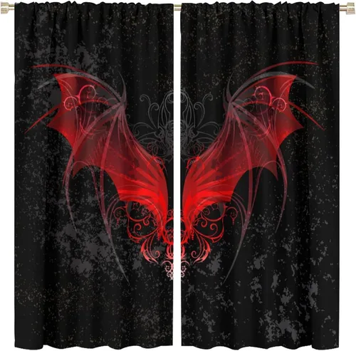 Vista 10 de Cortinas góticas rústicas con estampado de cuervo de bosque brumoso, rama, luna, bolsillo para barra, cortinas de ventana para dormitorio, sala