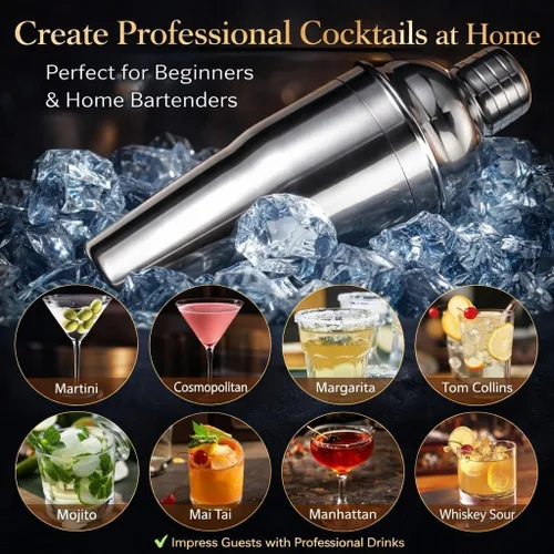 Vista 8 de Juego de coctelera personalizada de 12 piezas con soporte de bambú, kit de barman de mixología, coctelera de Martini y herramientas profesionales