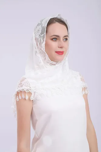 Vista 3 de Cilkus Velo de encaje Triángulo Mantilla velo Mantón o Bufanda Latina Masa Cabeza Cubierta con Flecos Encaje