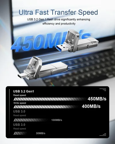 Vista 2 de 64GB Unidad Flash SSD-Grade USB C Hasta 450MB/s USB 3.2 Unidad Flash de Estado Sólido Tipo-A + Tipo-C Memoria Stick de Almacenamiento de Datos