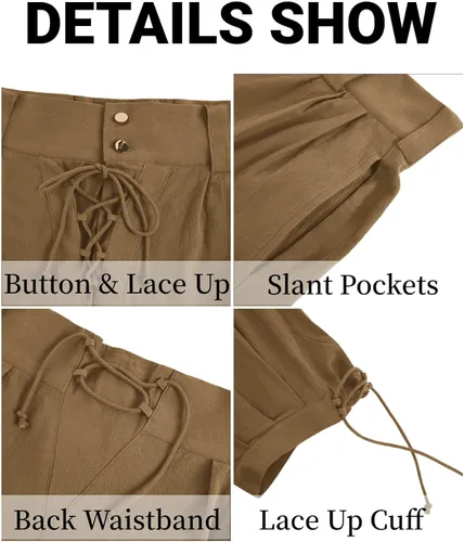 Vista 5 de Gafeng Pantalones piratas medievales para hombre, disfraz de caballero vikingo renacentista, con cordones, pantalones cortos LARP para Halloween