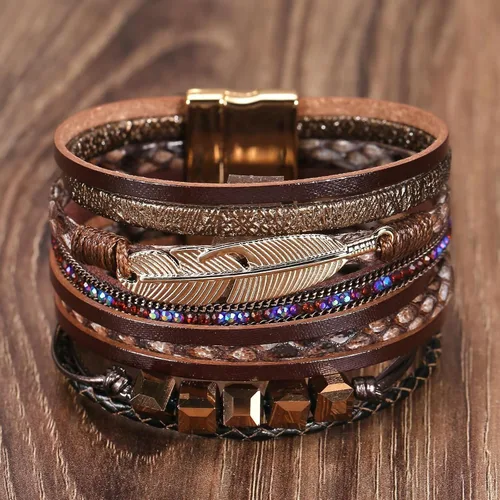 Vista 5 de Fesciory - Pulsera de leopardo para mujer, estilo bohemio de cuero multicapa con perlas de cristal