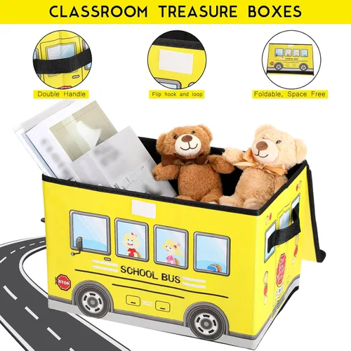 Vista 3 de Sweetude Caja del tesoro de autobús escolar de 2 piezas para el aula, caja plegable de almacenamiento de juguetes con tapa, organizador de tesoros