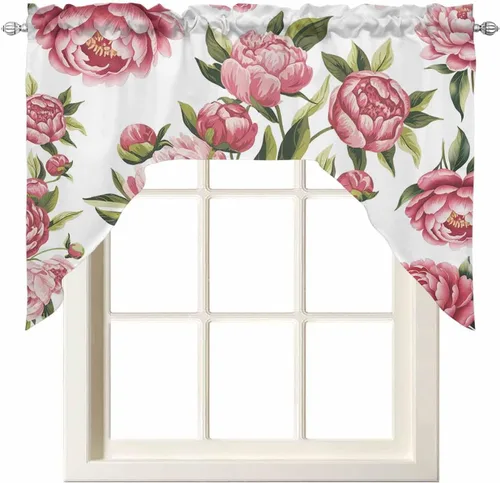 Vista 11 de Juego de cortinas de cocina con festón floral verde salvia, cenefa y nivel, 24 pulgadas de largo, diseño retro de flores rosa pastel, cortinas