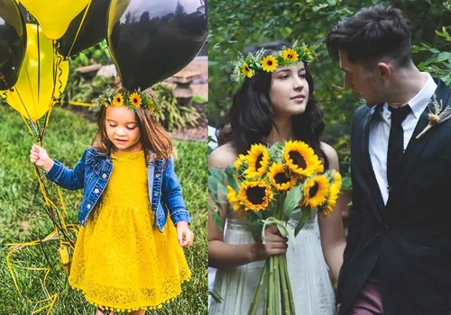 Vista 3 de WOVOWOVO Coronas de girasol para niñas y mujeres, corona de hojas de margarita nupcial, accesorios para el cabello de novia, corona floral con cinta