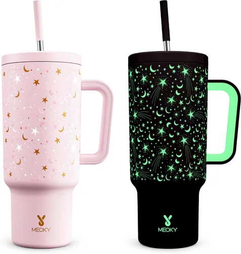 Vista 63 de Meoky - Vaso de 30 oz con asa, tapa y pajilla, taza de viaje térmica de acero inoxidable 100% a prueba de fugas, para portavasos, mantiene el frío