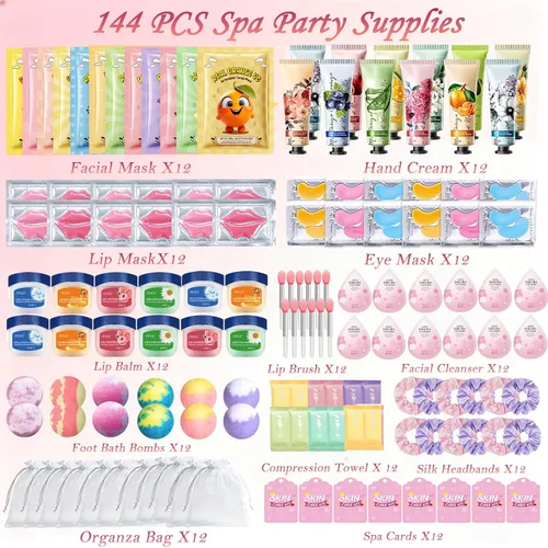 Vista 2 de 144 piezas de suministros de fiesta de spa para mujeres, artículos esenciales de favores del día de spa incluyen máscaras faciales para el cuidado