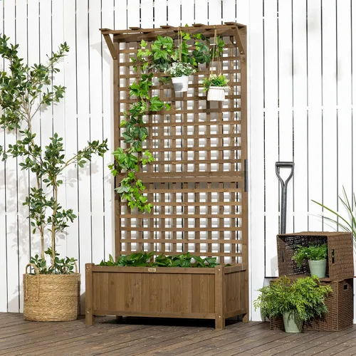 Vista 8 de Outsunny Maceta de Madera con Enrejado para Plantas Trepadoras, Cama Elevada, Caja de Maceta con Agujeros de Drenaje para Cultivar Verduras, Hierbas