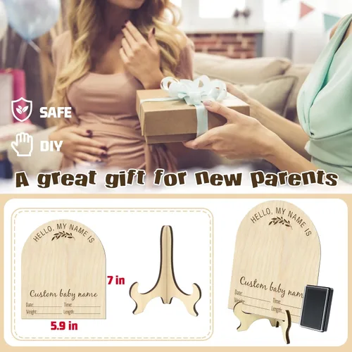 Vista 4 de Letrero de anuncio de nacimiento para recién nacido, anuncio de bebé personalizado, letrero de madera grabado con nombre de bebé, accesorios