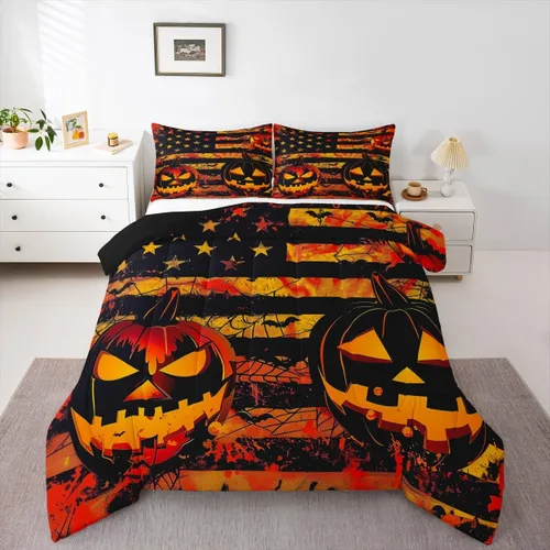 Vista 36 de Feelyou Juego de edredón de calabaza para todas las estaciones, decoración de Halloween, juego de ropa de cama con 1 funda de almohada, microfibra