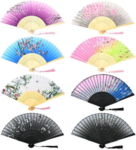 Vista 7 de HUNANBANG 4 abanicos de mano plegables de bambú oriental, regalo de boda, regalos de fiesta, decoración de bricolaje, tamaño 8 14 pulgadas, paquete