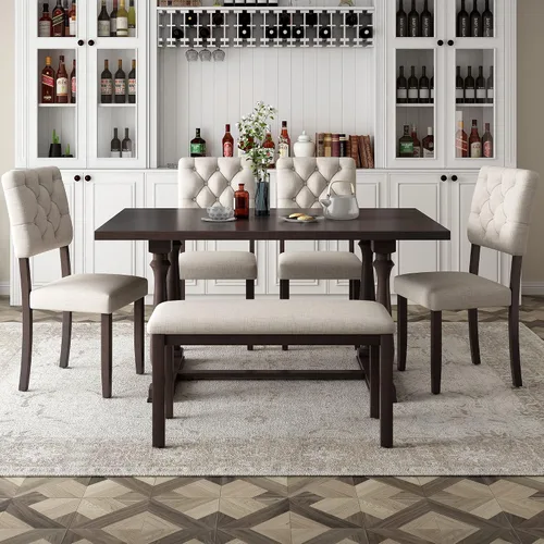 Vista 10 de Merax Juego de mesa de comedor de 6 piezas con banco, mesa rectangular de madera de 60 pulgadas con 4 sillas copetudas de respaldo alto y 1 banco