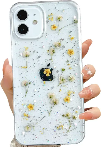 Vista 27 de LSEEKA Funda transparente para iPhone 11 con diseño de flores prensadas reales, linda y brillante, patrón floral rosa, funda protectora delgada