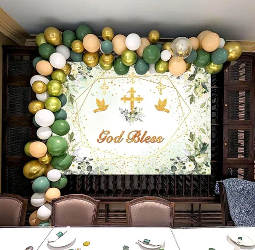 Vista 5 de Fondo verde y dorado para bautizo, decoración de fiesta de primera comunión, fondo de fotografía de bautizo, 7 x 5 pies (82 x 59 pulgadas)