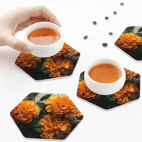 Vista 8 de 4Pcs Drink Coasters for Drinks Tabletop Protection, Marigold Leather Coaster for Kinds of Cups, Absorbent Cup Coaster for Coffee Table Home Decor 4