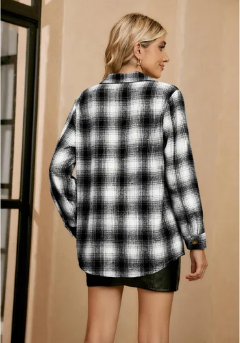 Vista 3 de GRAPENT Chaqueta de franela a cuadros para mujer, con botones, chaqueta de manga larga