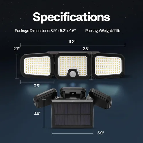 Vista 9 de VIVOHOME - Luces solares de inundación para exteriores, 256 luces LED de 2500 lm con sensor de movimiento, 3 cabezales ajustables de luces