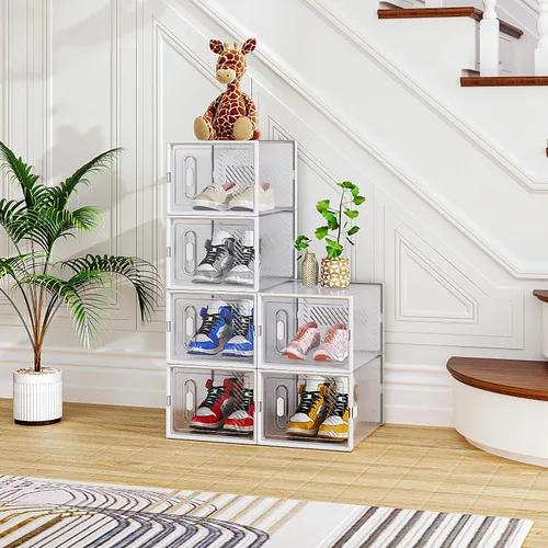 Vista 15 de Paquete de 6 cajas de zapatos apilables de plástico transparente, cajas organizadoras de zapatos con tapas para tenis, estuche para zapatos hasta