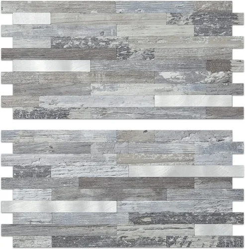 Vista 23 de AULIGET - 20 láminas de azulejos de pared de PVC autoadhesivos con aspecto de madera desgastada, para salpicadero de cocina Madera vintage + metal