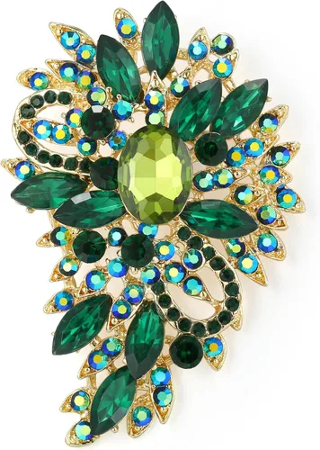 Vista 10 de EVER FAITH - Broche para mujer, con diseño de flores y hojas de cristales austriacos, ideal para bodas Color aguamarina con verde