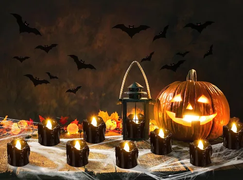 Vista 2 de 24 velas de decoración de Halloween para interiores, velas de té negra: velas LED sin llama, funciona con pilas, decoración de mesa con telarañas