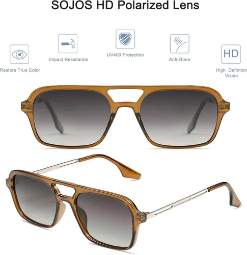 Vista 2 de SOJOS Gafas de sol de aviador polarizadas vintage para mujeres y hombres, retro planos de los años 70 Narraw rectangulares para mujer SJ2186