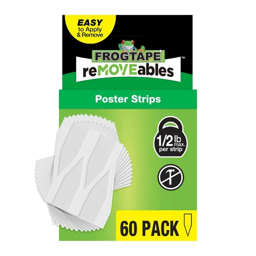 Vista 12 de FrogTape reMOVEables - Tiras para colgar pósteres, sin daños, ganchos extraíbles para pósteres, cinta adhesiva adhesiva para pared, alternativa